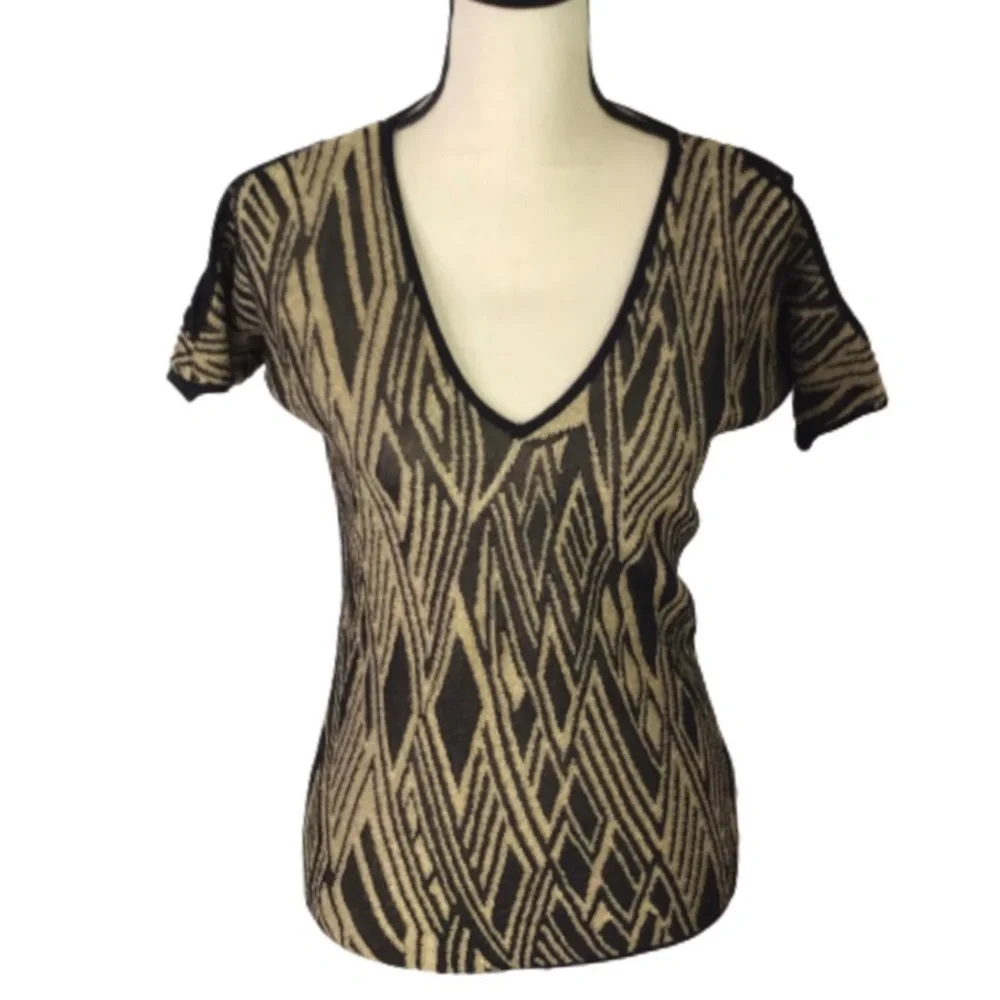LAUREN Ralph Lauren Gold Black Metallic Cold Shoulder Short Sleeve Sweater XS